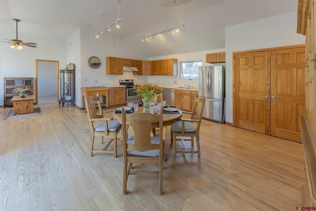 310 Second St, Crested Butte, CO 81224 - dining room featuring rail lighting, light wood-type flooring, high vaulted ceiling, and ceiling fan