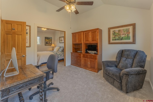 310 Second St, Crested Butte, CO 81224 - home office featuring light colored carpet, a ceiling fan, and vaulted ceiling