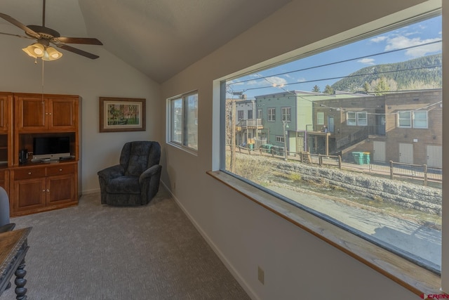 310 Second St, Crested Butte, CO 81224 - sitting room featuring carpet, baseboards, a ceiling fan, lofted ceiling, and a mountain view