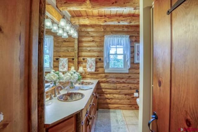 598 Blue Jay Cir, Pagosa Springs, CO 81147 - bathroom with rustic walls, double vanity, toilet, and wooden ceiling with exposed beams