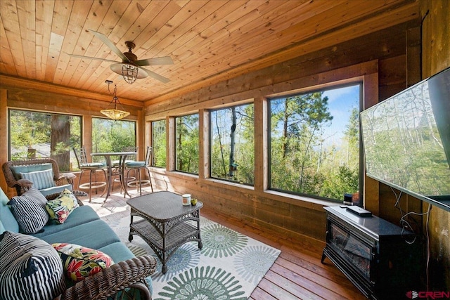 178 Valley View Rd, Ridgway, CO 81432 - sunroom / solarium with wood ceiling, a wood stove, wood walls, and wood-type flooring