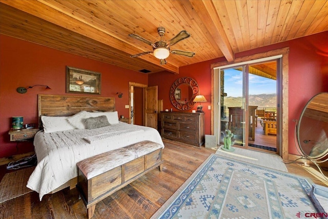 178 Valley View Rd, Ridgway, CO 81432 - bedroom with access to exterior, wood ceiling with exposed beams, wood finished floors, and a ceiling fan