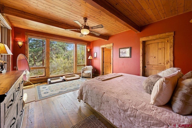 178 Valley View Rd, Ridgway, CO 81432 - bedroom featuring wooden ceiling with exposed beams, wood-type flooring, and ceiling fan