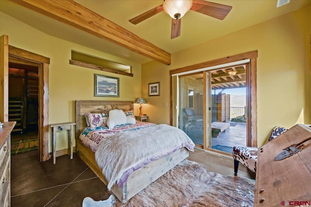 178 Valley View Rd, Ridgway, CO 81432 - bedroom with access to outside, beam ceiling, and ceiling fan