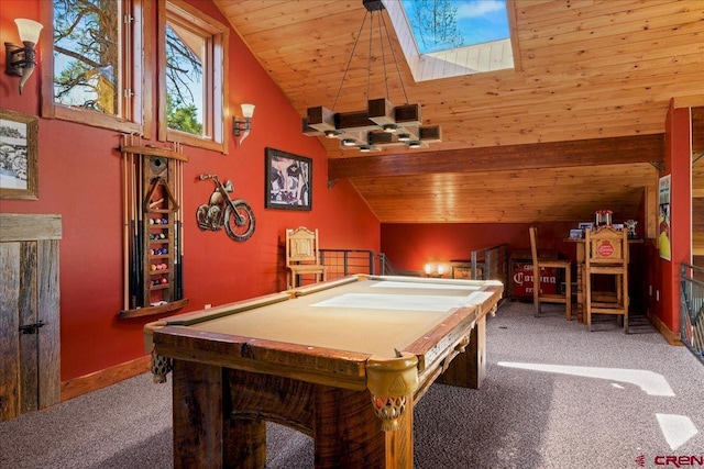 178 Valley View Rd, Ridgway, CO 81432 - recreation room featuring carpet, vaulted ceiling, pool table, wooden ceiling, and a skylight