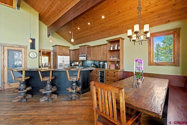 178 Valley View Rd, Ridgway, CO 81432 - dining room featuring wine cooler, a chandelier, dark wood-style flooring, and wood ceiling