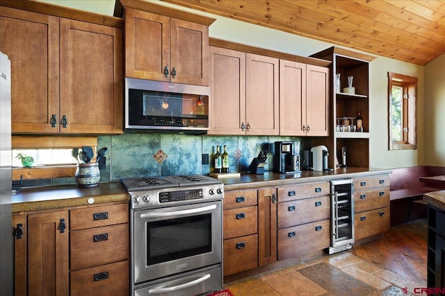 178 Valley View Rd, Ridgway, CO 81432 - kitchen with stainless steel appliances, open shelves, wine cooler, brown cabinetry, and wood ceiling