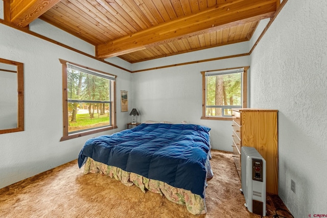 953 Mushroom Ln, Bayfield, CO 81122 - bedroom featuring multiple windows, carpet flooring, a textured wall, and wooden ceiling with exposed beams