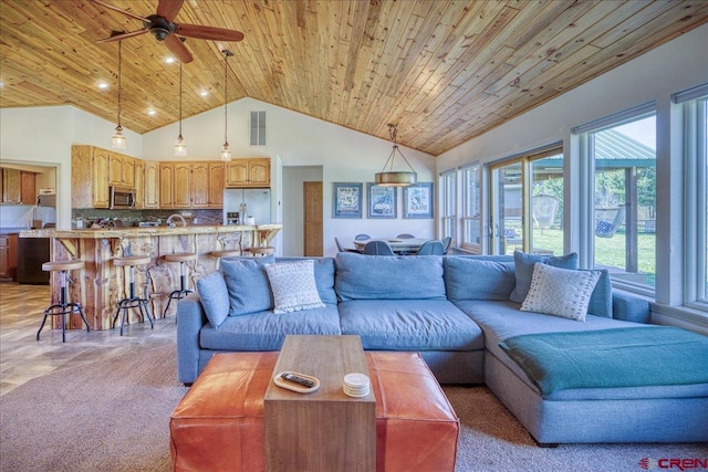 49 Sugarloaf Dr, Pagosa Springs, CO 81147 - living area with wood ceiling, a ceiling fan, and high vaulted ceiling