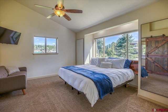 49 Sugarloaf Dr, Pagosa Springs, CO 81147 - bedroom featuring carpet floors, multiple windows, a barn door, lofted ceiling, and baseboards