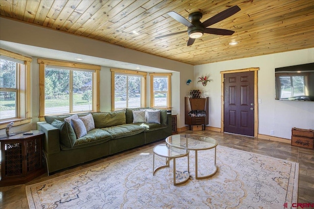 49 Sugarloaf Dr, Pagosa Springs, CO 81147 - living room with wood ceiling, healthy amount of natural light, ceiling fan, baseboards, and recessed lighting