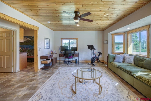 49 Sugarloaf Dr, Pagosa Springs, CO 81147 - living room with wood ceiling, an office area, a ceiling fan, and baseboards