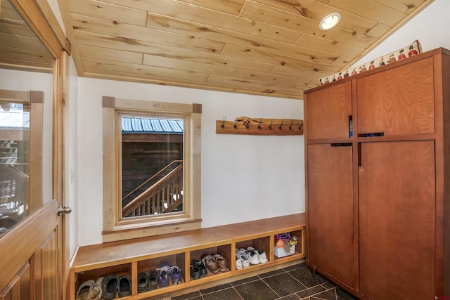 190 Teocalli Rd, Crested Butte, CO 81224 - mudroom featuring wood ceiling, vaulted ceiling, and plenty of natural light
