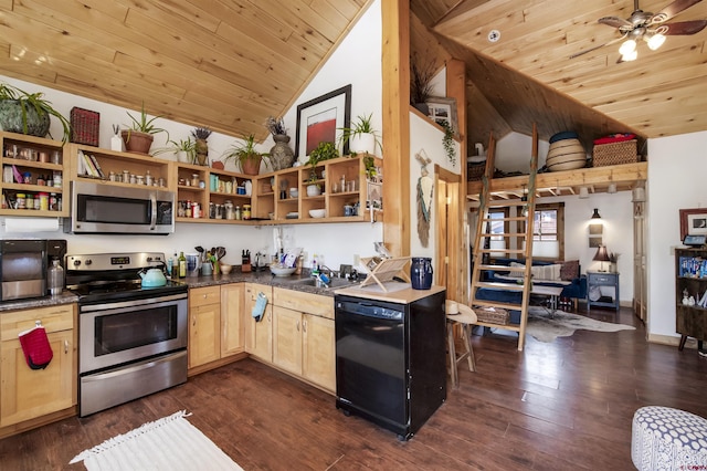 190 Teocalli Rd, Crested Butte, CO 81224 - kitchen with stainless steel appliances, open shelves, vaulted ceiling, wooden ceiling, and light brown cabinetry
