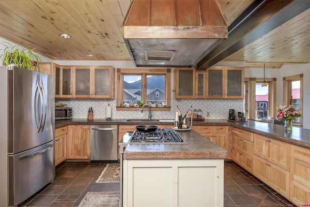 190 Teocalli Rd, Crested Butte, CO 81224 - kitchen featuring appliances with stainless steel finishes, a sink, backsplash, wood ceiling, and glass insert cabinets