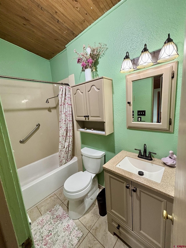 1615 Maple Ct, Grand Junction, CO 81505 - bathroom with wooden ceiling, toilet, vanity, tile patterned floors, and a textured wall