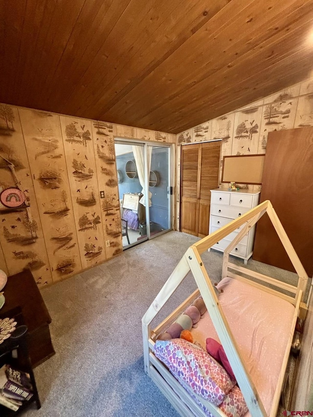 1615 Maple Ct, Grand Junction, CO 81505 - bedroom with carpet floors, wood ceiling, access to outside, and vaulted ceiling
