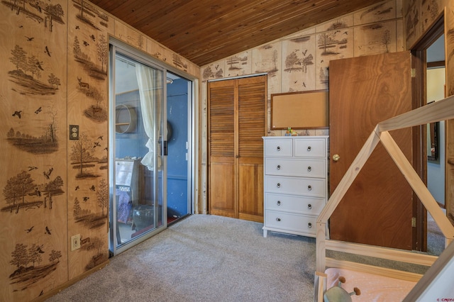 1615 Maple Ct, Grand Junction, CO 81505 - unfurnished bedroom with wood ceiling, carpet floors, lofted ceiling, access to exterior, and a closet