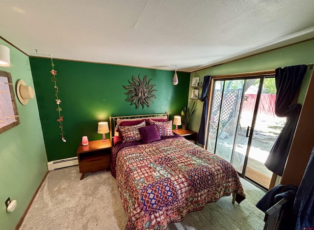 1615 Maple Ct, Grand Junction, CO 81505 - bedroom featuring access to exterior, a baseboard radiator, a textured ceiling, carpet floors, and baseboards