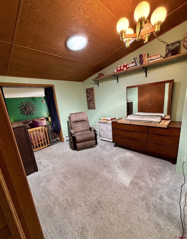 1615 Maple Ct, Grand Junction, CO 81505 - bedroom featuring carpet flooring, wood ceiling, lofted ceiling, and a chandelier