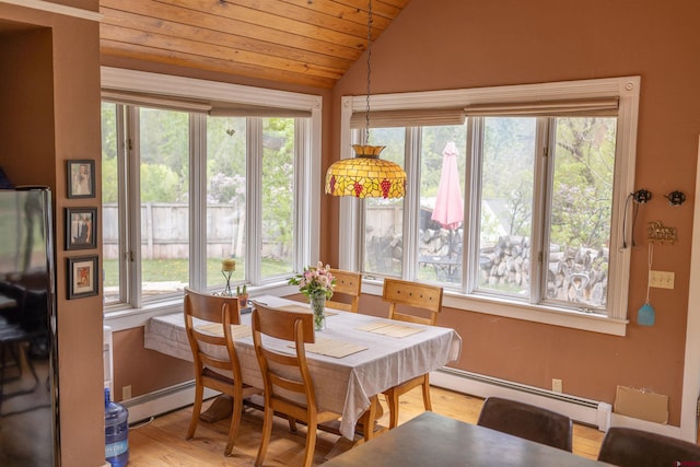 51 Blake St, Placerville, CO 81430 - dining area with a baseboard radiator, lofted ceiling, light wood-style floors, and wooden ceiling