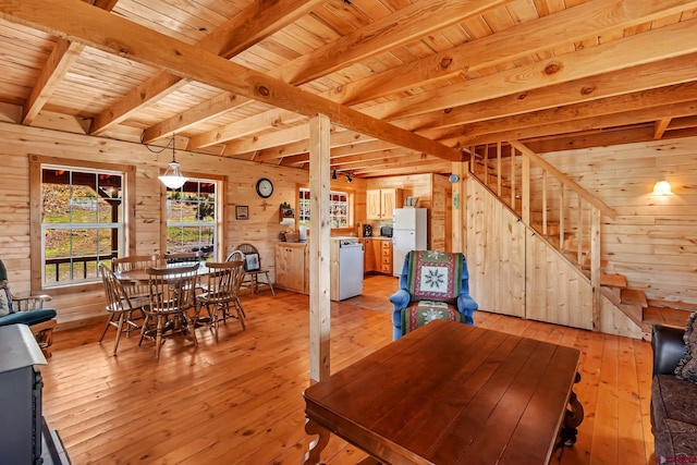 LOT7 Aspen Hills Rd, Cedaredge, CO 81413 - dining area with wooden walls, light wood-type flooring, wooden ceiling with exposed beams, and stairway