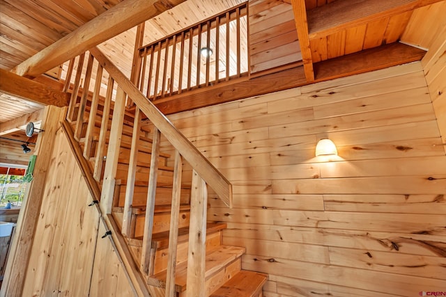 LOT7 Aspen Hills Rd, Cedaredge, CO 81413 - stairs with wooden walls and wood ceiling with exposed beams