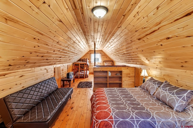 LOT7 Aspen Hills Rd, Cedaredge, CO 81413 - bedroom with wood walls, wooden ceiling, vaulted ceiling, and hardwood / wood-style flooring