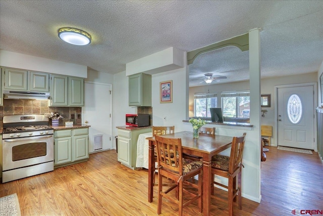 43 W Radiant Ct, Pagosa Springs, CO 81147 - kitchen featuring stainless steel gas stove, green cabinets, under cabinet range hood, a ceiling fan, and light wood-style floors