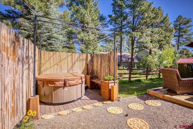 43 W Radiant Ct, Pagosa Springs, CO 81147 - fenced backyard featuring a hot tub and a deck