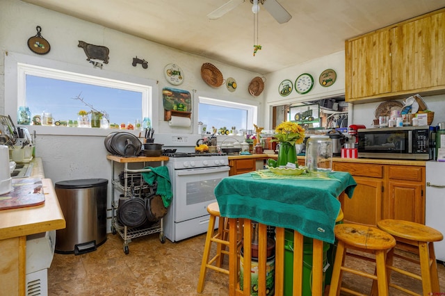 42254 Piburn Flats Rd, Crawford, CO 81415 - kitchen with gas range gas stove, stainless steel microwave, ceiling fan, and brown cabinetry