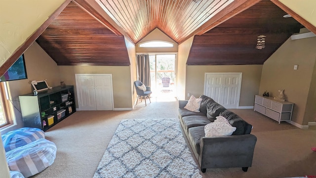 1625 Keepsake Loop, Westcliffe, CO 81252 - living area with carpet, wood ceiling, vaulted ceiling, and baseboards