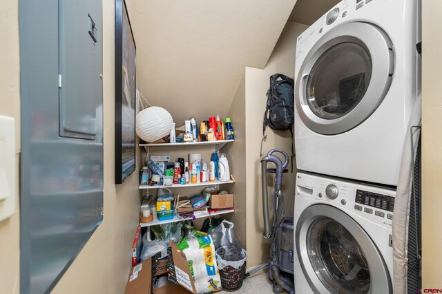236 Sierra Vista St, Durango, CO 81301 - washroom featuring stacked washer / drying machine and tile patterned flooring