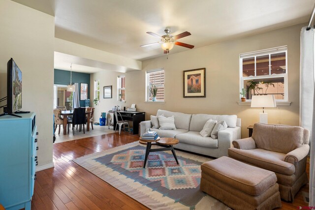 236 Sierra Vista St, Durango, CO 81301 - living room with ceiling fan and dark wood-style floors