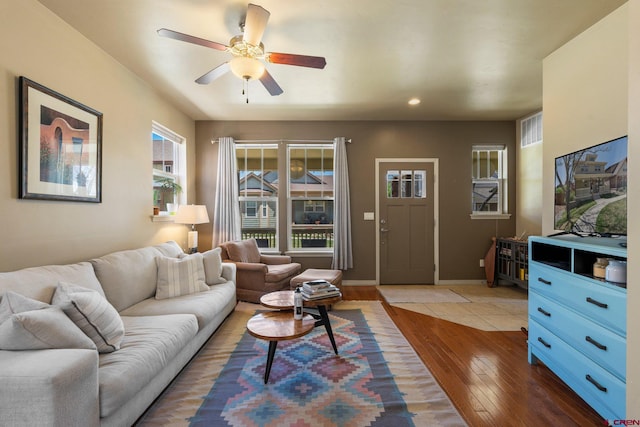 236 Sierra Vista St, Durango, CO 81301 - living area with hardwood / wood-style flooring, a ceiling fan, recessed lighting, and baseboards