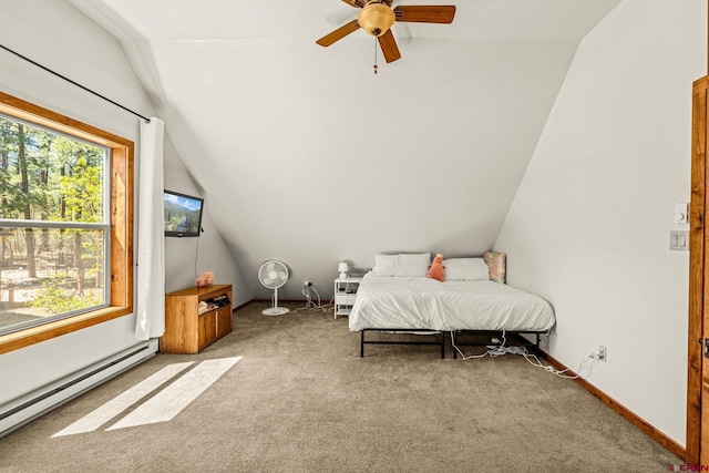380 Eagle Pass, Durango, CO 81301 - carpeted bedroom with lofted ceiling, a baseboard radiator, a ceiling fan, and baseboards