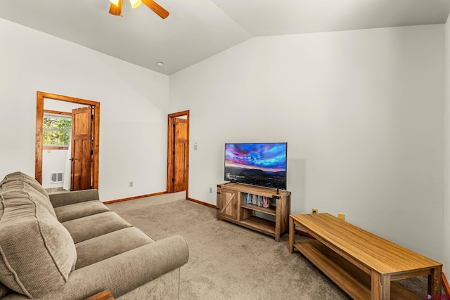 380 Eagle Pass, Durango, CO 81301 - living room with carpet floors, lofted ceiling, ceiling fan, and baseboards
