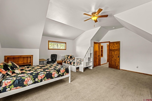 380 Eagle Pass, Durango, CO 81301 - bedroom featuring lofted ceiling, carpet flooring, a ceiling fan, and baseboards