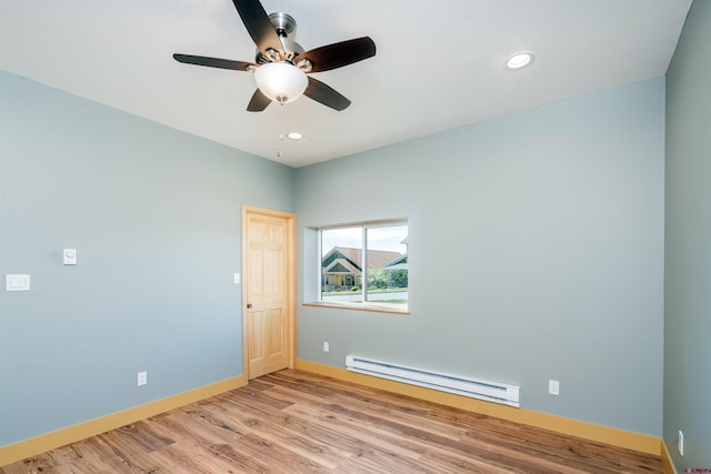 7 Yarrow Ct, Durango, CO 81301 - empty room with a baseboard radiator, a ceiling fan, baseboards, light wood-style floors, and recessed lighting