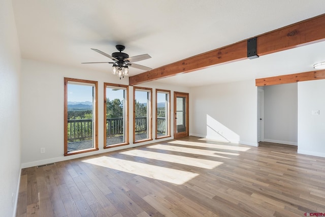 41 Ridge Pl, Durango, CO 81301 - spare room with baseboards, light wood-type flooring, a ceiling fan, beamed ceiling, and a mountain view