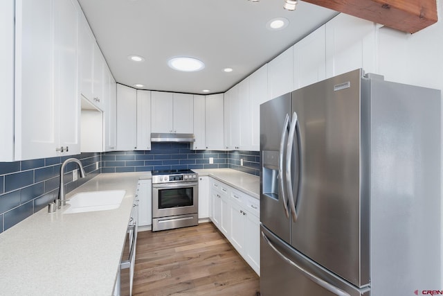 41 Ridge Pl, Durango, CO 81301 - kitchen with stainless steel appliances, under cabinet range hood, a sink, recessed lighting, and light countertops