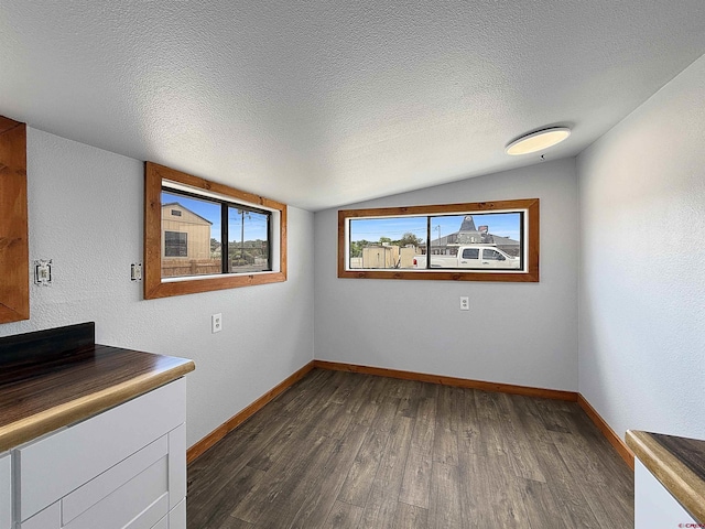 1246 Meeker St, Delta, CO 81416 - unfurnished dining area featuring dark wood-style floors, vaulted ceiling, baseboards, and a textured ceiling