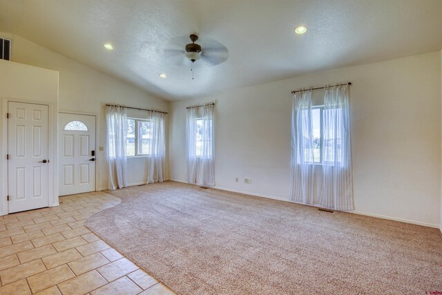 2038 Park Ave, Pagosa Springs, CO 81147 - entrance foyer featuring a ceiling fan, lofted ceiling, light carpet, recessed lighting, and baseboards