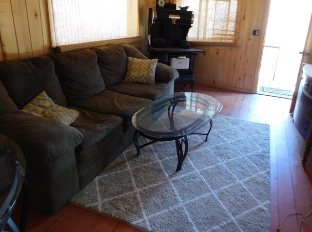 11787 Castle Rock Rd, Del Norte, CO 81132 - living area with wood-type flooring, a wood stove, and wood walls