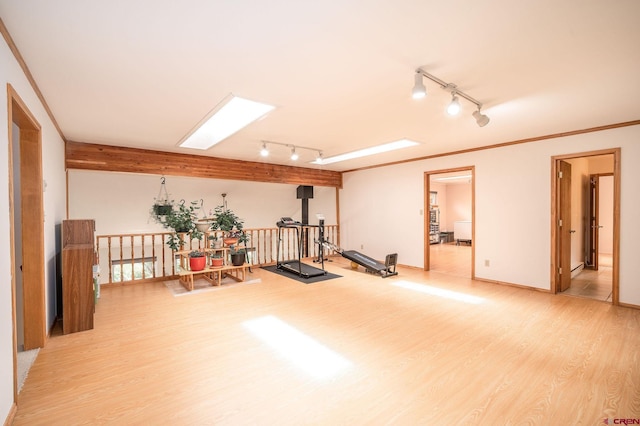 37 Verde Ln, Durango, CO 81301 - workout area with rail lighting, light wood-type flooring, ornamental molding, and baseboards