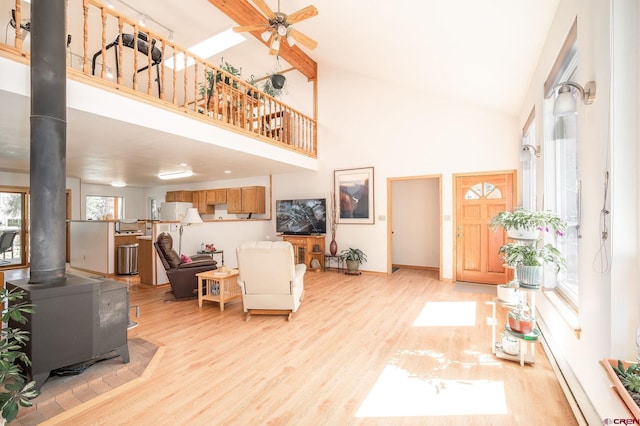 37 Verde Ln, Durango, CO 81301 - living area featuring a wood stove, high vaulted ceiling, light wood-style floors, ceiling fan, and baseboards