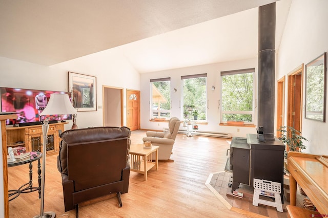37 Verde Ln, Durango, CO 81301 - living area featuring a wood stove, vaulted ceiling, light wood-style floors, and a baseboard heating unit