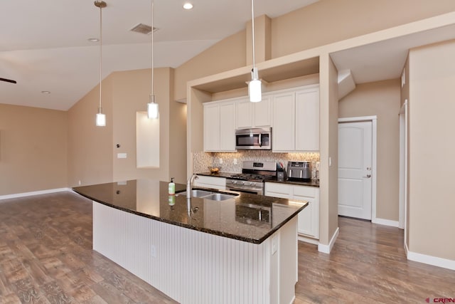 2488 Josefine Ln, Grand Junction, CO 81505 - kitchen with stainless steel appliances, a sink, wood finished floors, vaulted ceiling, and backsplash