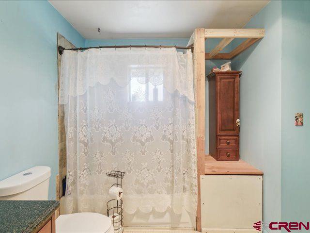 157 S Primrose Ridge Pl, Pagosa Springs, CO 81147 - full bath featuring toilet, vanity, and a shower with shower curtain