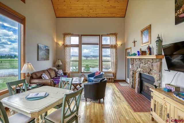 88 W Peregrine Cir Unit 4Unit 1, Pagosa Springs, CO 81147 - living room with lofted ceiling, a stone fireplace, wood ceiling, wood finished floors, and baseboards